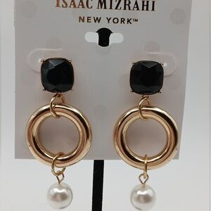 Isaac Mizrahi Earrings Gold, Pearl And Black Dangle NEW